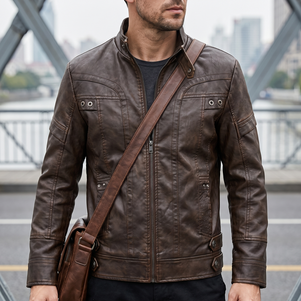 Men's brown faux leather jacket with eyelet details, lifestyle view with shoulder bag