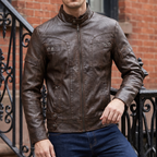 Men's brown faux leather jacket with eyelet details, street lifestyle view