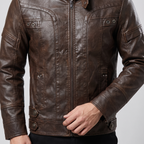 Men's brown faux leather jacket with eyelet details, cuff and hem detail
