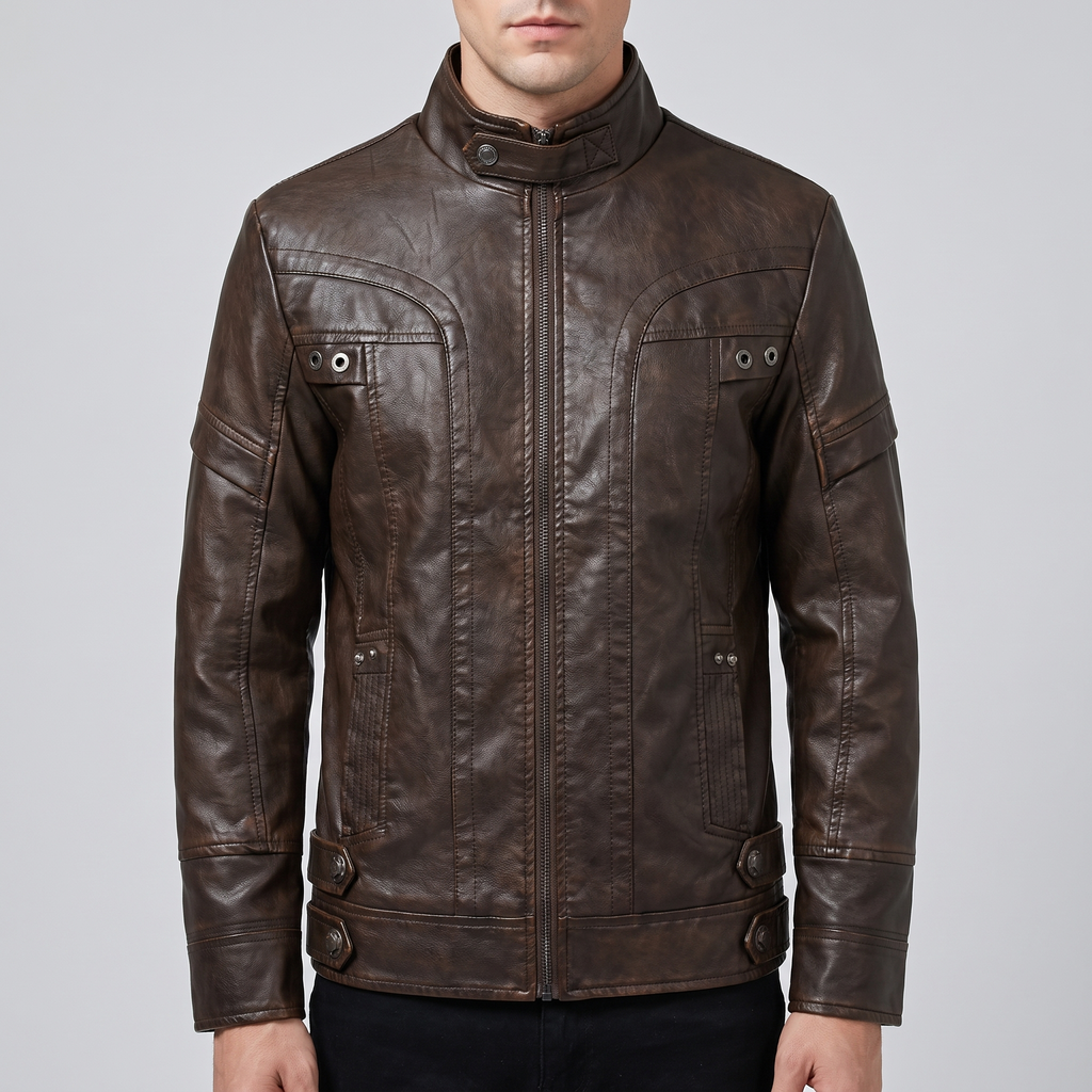 Men's brown faux leather jacket with eyelet details, front studio view