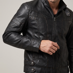 Men's black faux leather jacket with eyelet details, cuff and hem detail