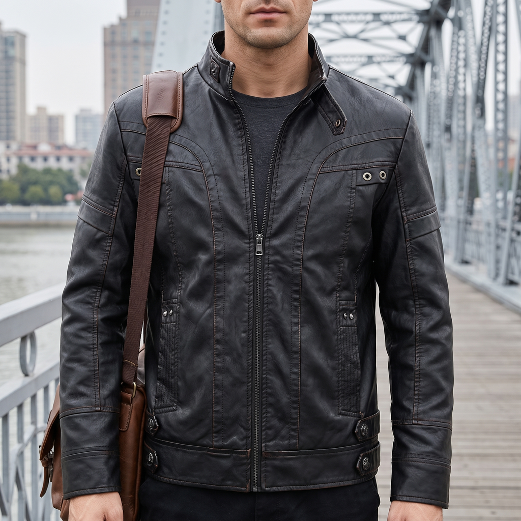 Men's black faux leather jacket with eyelet details, lifestyle view with shoulder bag