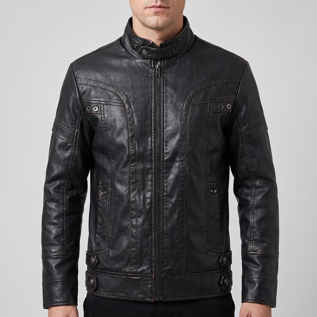 Men's black faux leather jacket with eyelet details, front studio view