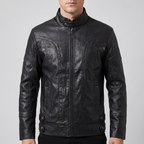 Men's black faux leather jacket with eyelet details, front studio view