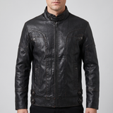 Men's black faux leather jacket with eyelet details, front studio view