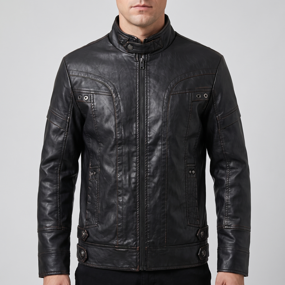 Men's black faux leather jacket with eyelet details, front studio view