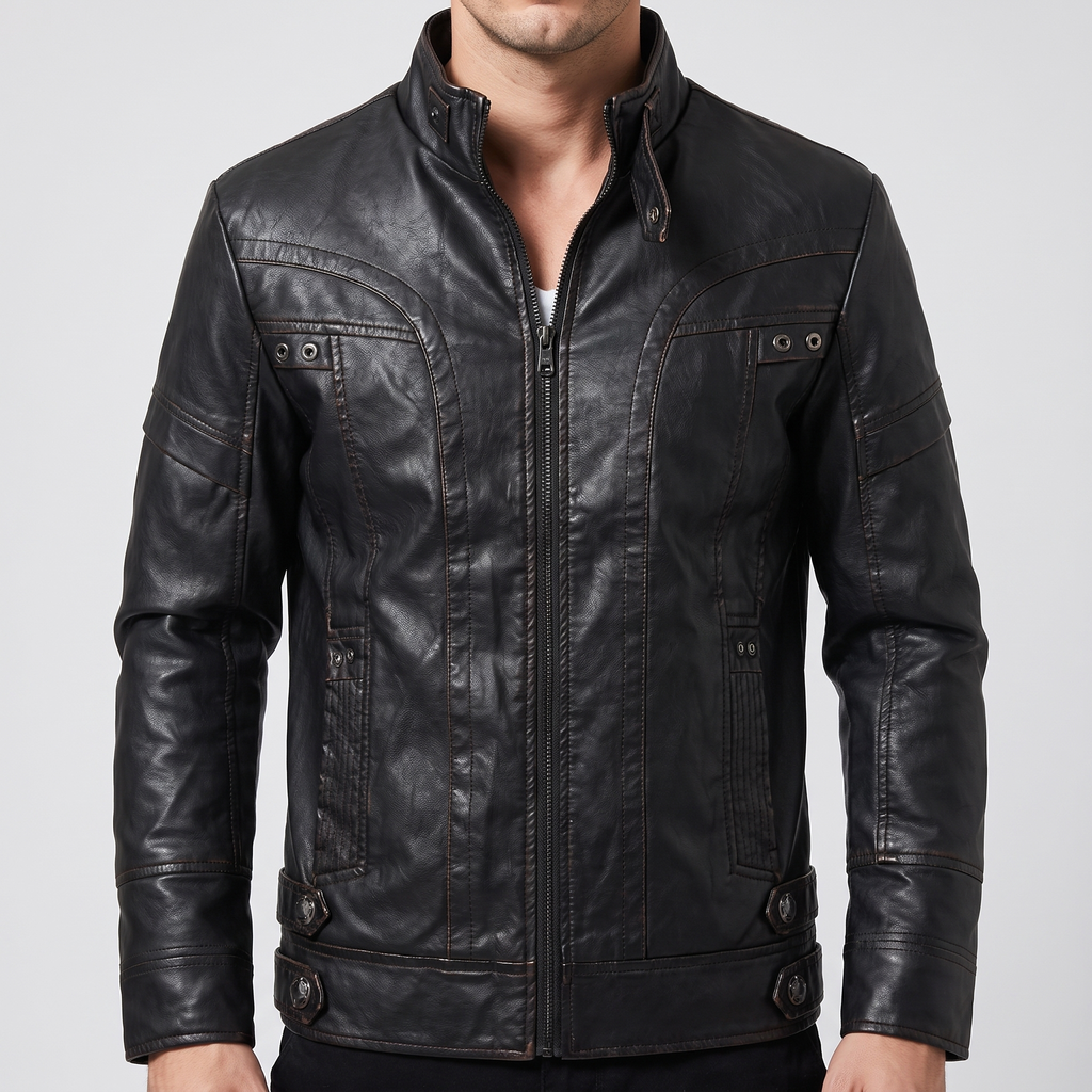 Men's black faux leather jacket with eyelet details, collar and chest detail