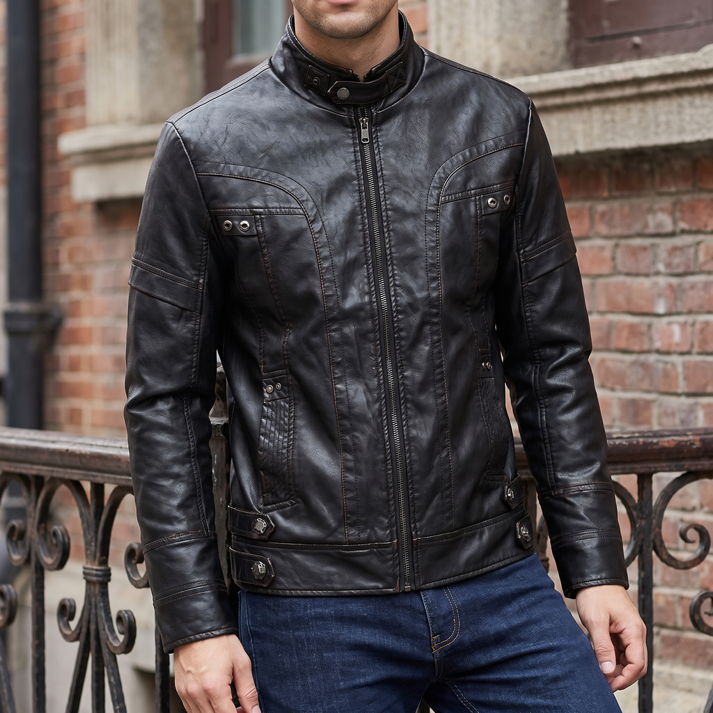 Men's black faux leather jacket with eyelet details, street lifestyle view