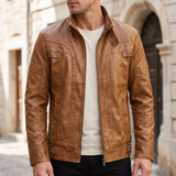 Men's tan faux leather jacket with eyelet details, front lifestyle view