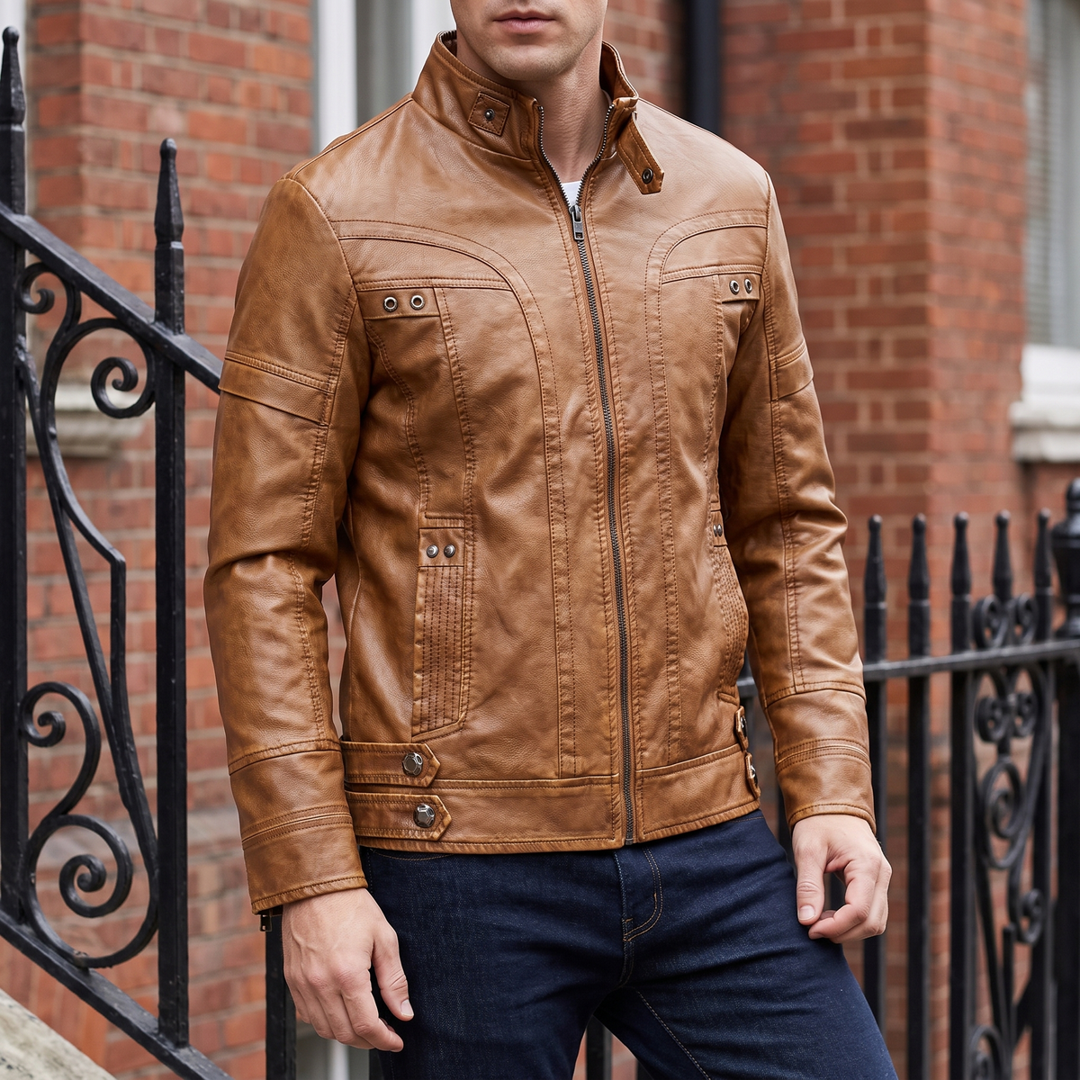 Men's tan faux leather jacket with eyelet details, street lifestyle view