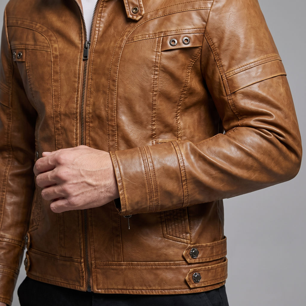 Men's tan faux leather jacket with eyelet details, cuff and hem detail