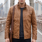Men's tan faux leather jacket with eyelet details, lifestyle view with shoulder bag