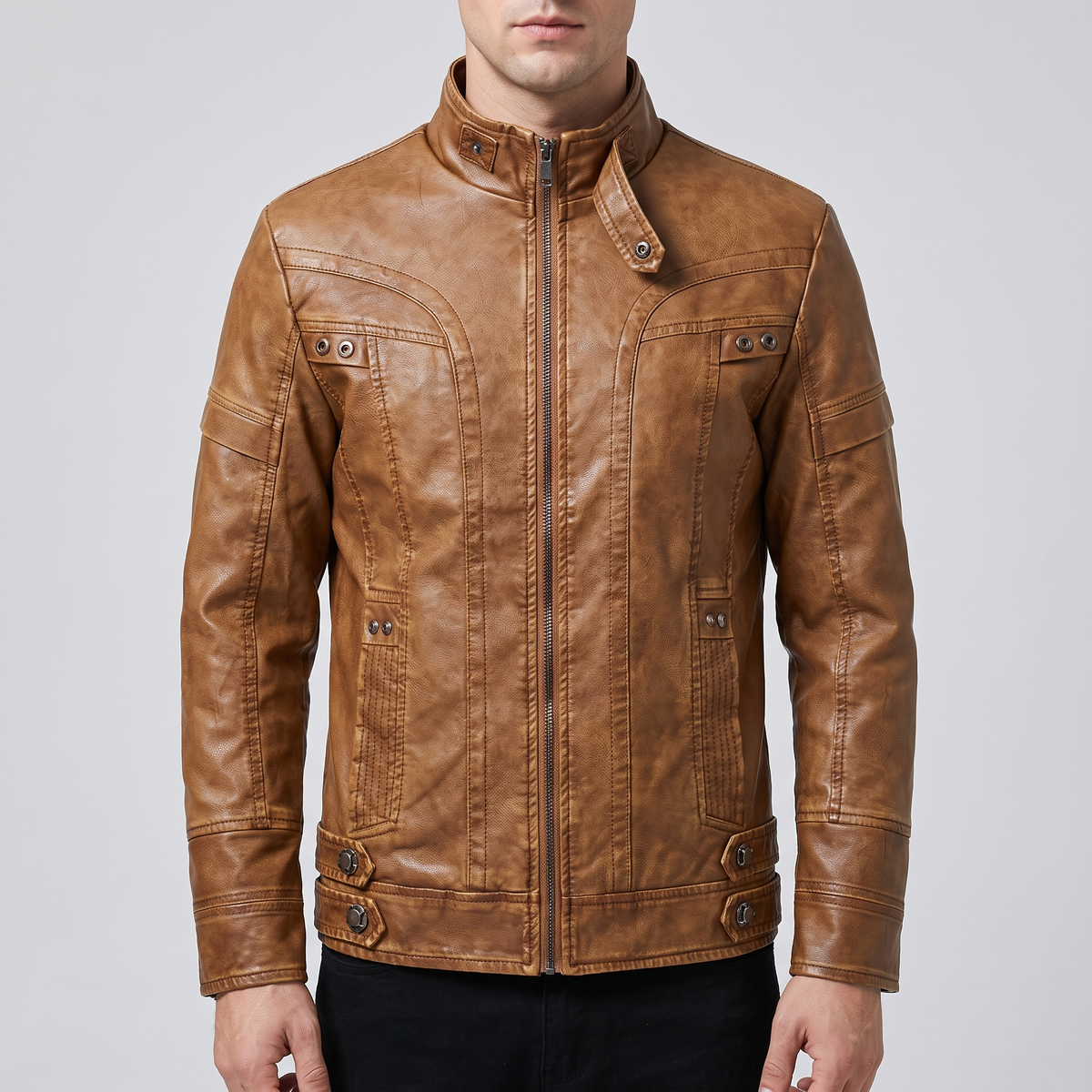 Men's tan faux leather jacket with eyelet details, front studio view