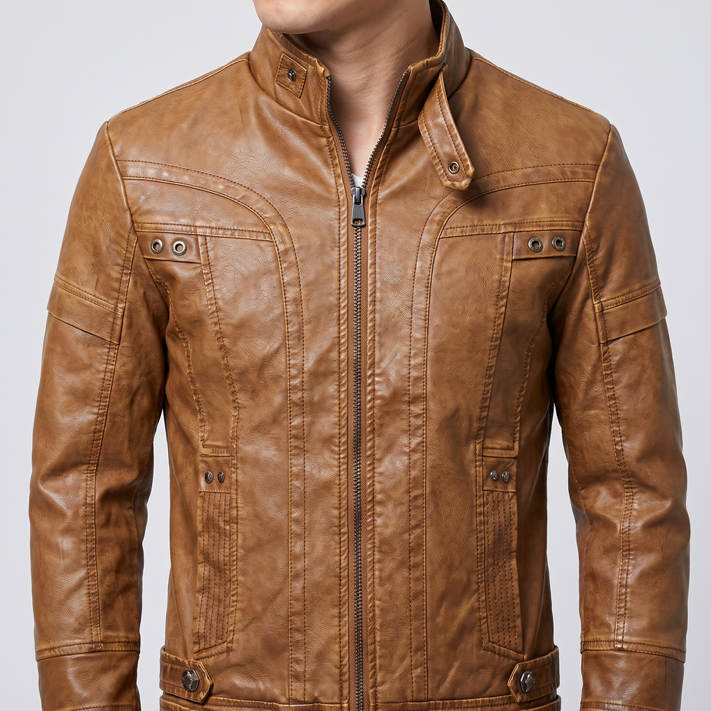Men's tan faux leather jacket with eyelet details, collar and chest detail