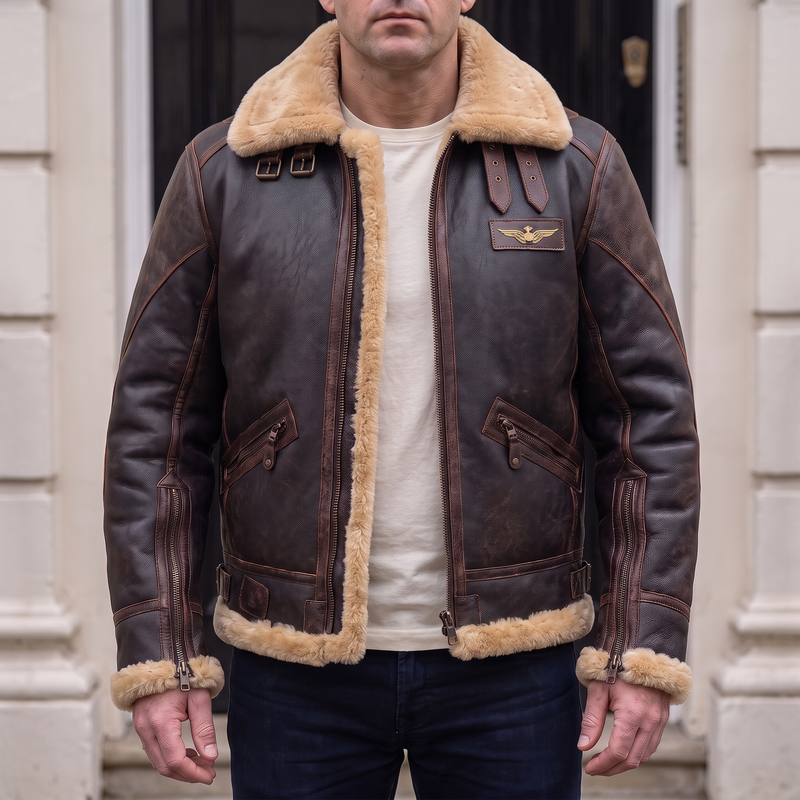 Men's brown faux leather aviator jacket with plush trim, front lifestyle view