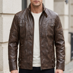 Men's brown faux leather jacket with eyelet details, front lifestyle view