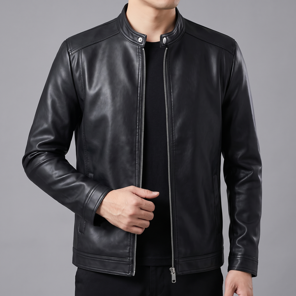 Men's black minimalist faux leather racer jacket, cuff and hem detail