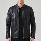 Men's black minimalist faux leather racer jacket, front studio view