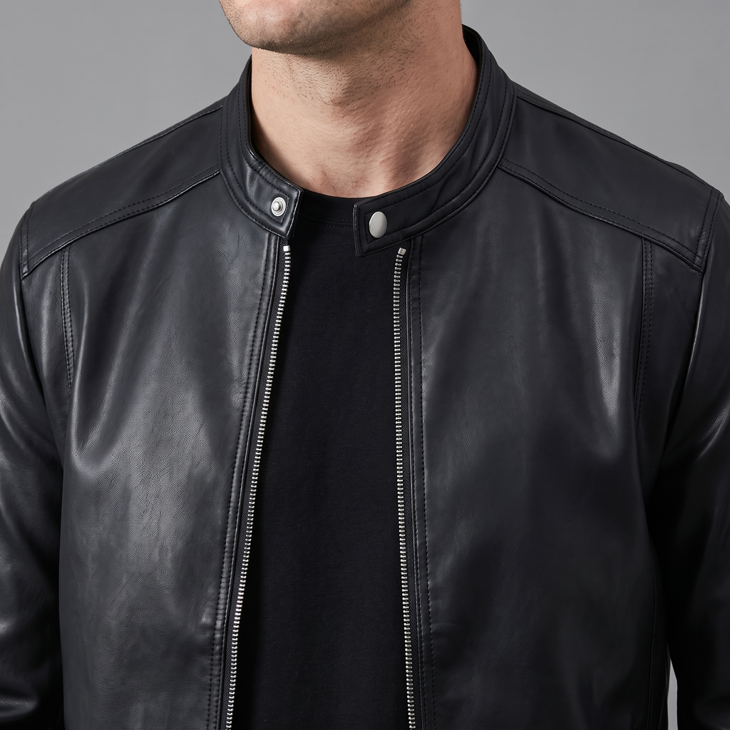 Men's black minimalist faux leather racer jacket, collar detail
