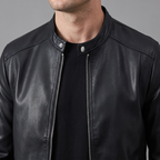 Men's black minimalist faux leather racer jacket, collar detail