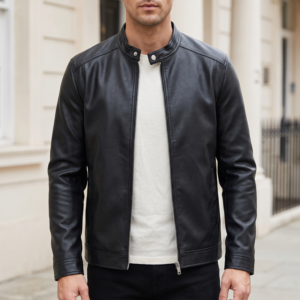 Men's black minimalist faux leather racer jacket, front lifestyle view