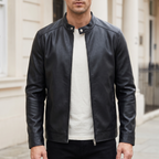Men's black minimalist faux leather racer jacket, front lifestyle view