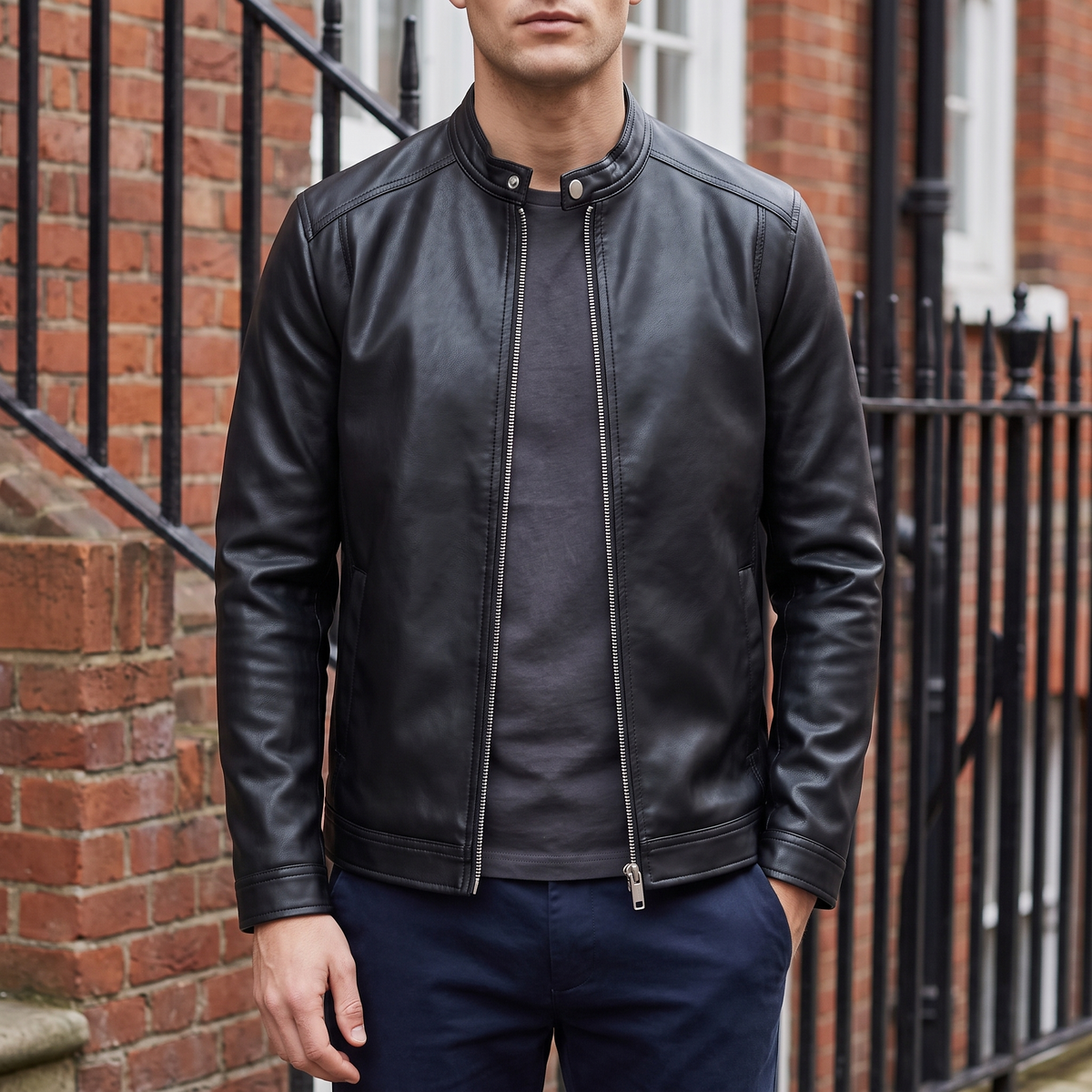 Men's black minimalist faux leather racer jacket, street lifestyle view