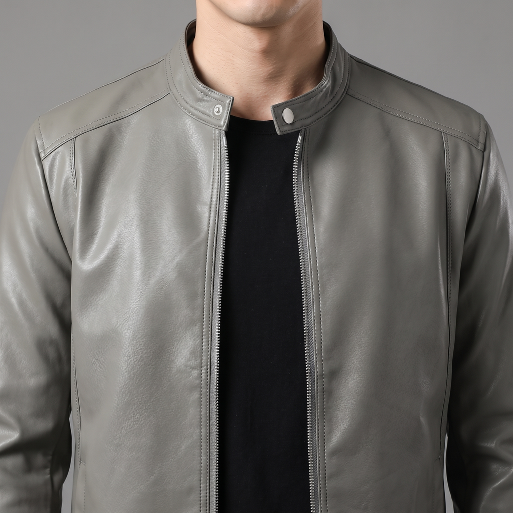 Men's gray minimalist faux leather racer jacket, collar detail