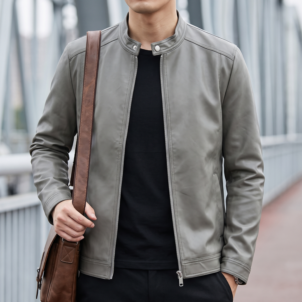 Men's gray minimalist faux leather racer jacket, lifestyle view with shoulder bag