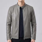 Men's gray minimalist faux leather racer jacket, front studio view