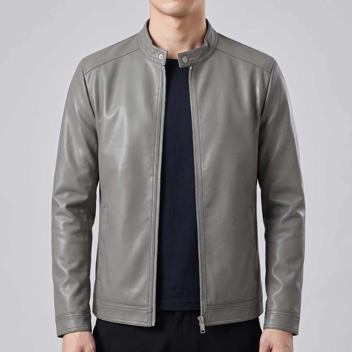 Men's gray minimalist faux leather racer jacket, front studio view