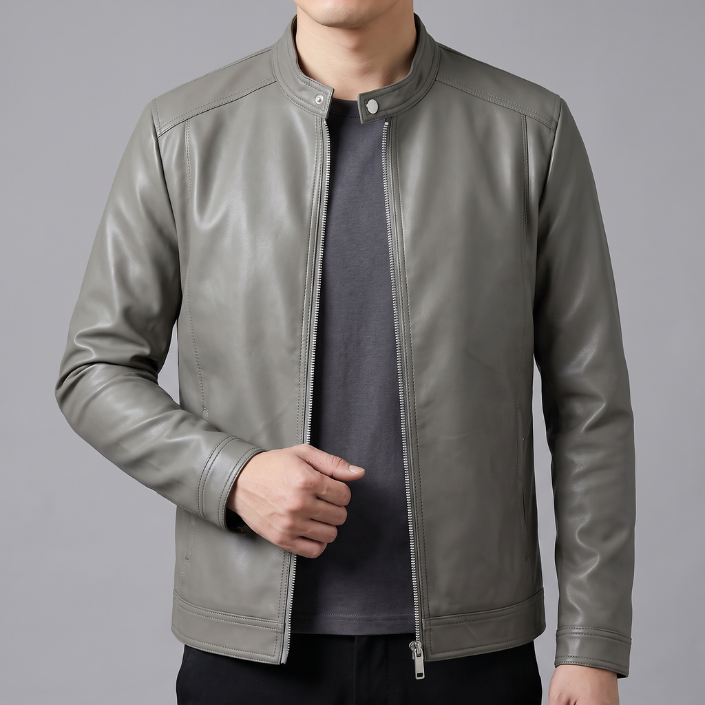 Men's gray minimalist faux leather racer jacket, cuff and hem detail