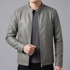 Men's gray minimalist faux leather racer jacket, cuff and hem detail