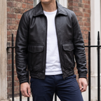 Men's black leather A2 flight jacket, street lifestyle view