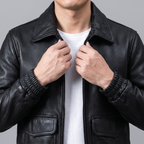 Men's black leather A2 flight jacket, collar detail