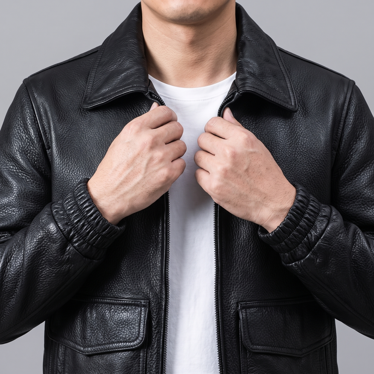 Men's black leather A2 flight jacket, collar detail
