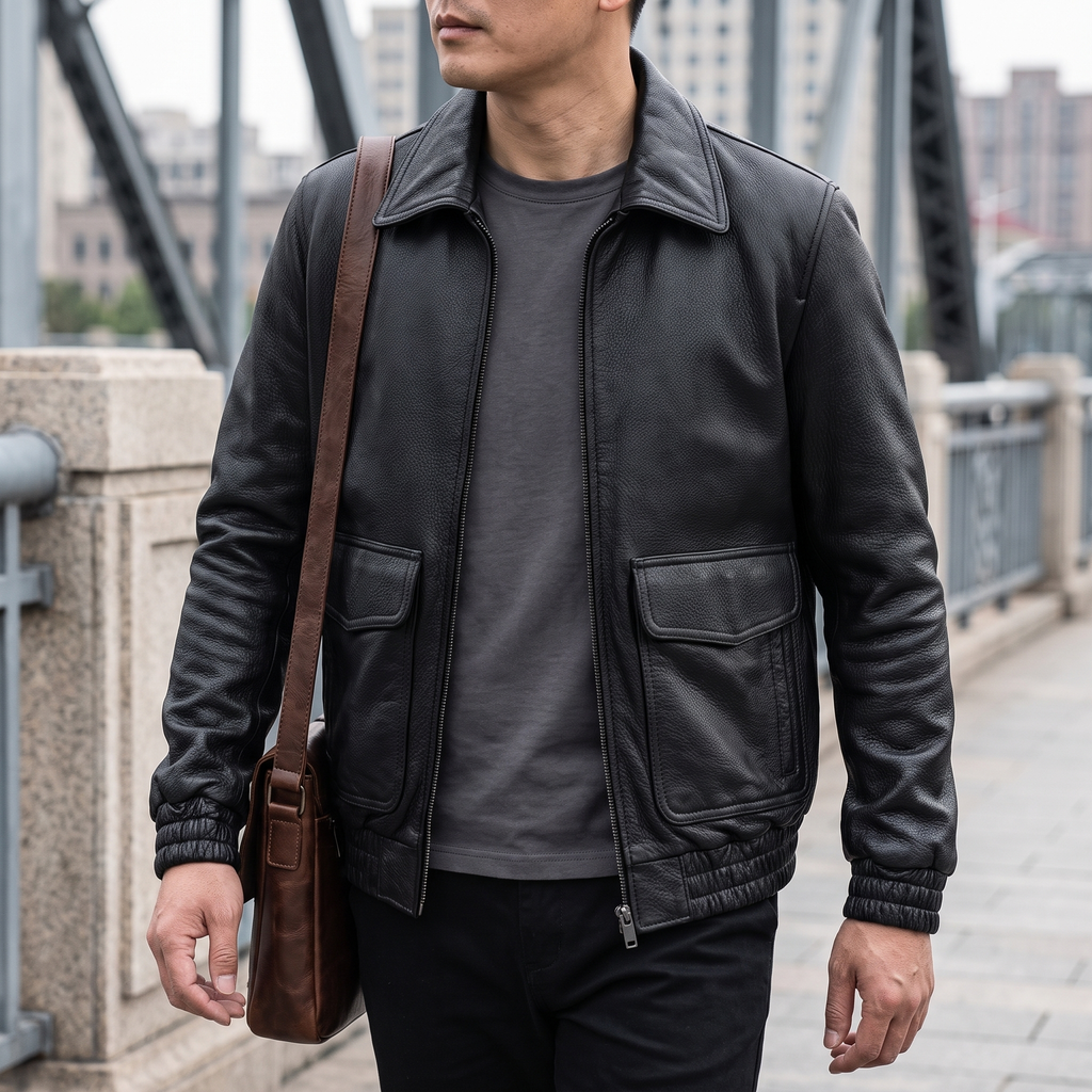 Men's black leather A2 flight jacket, lifestyle view with shoulder bag