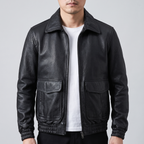 Men's black leather A2 flight jacket, front studio view
