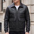 Men's black leather A2 flight jacket, front lifestyle view