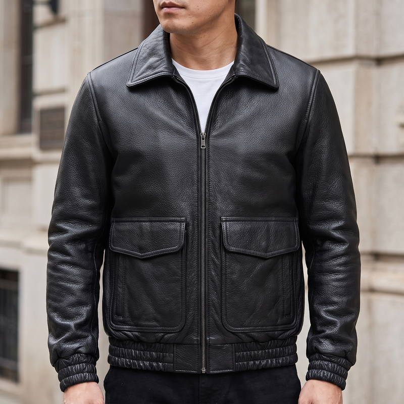 Men's black leather A2 flight jacket, front lifestyle view