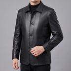 Men's black sheepskin leather button-front jacket, sleeve and cuff detail