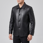 Men's black sheepskin leather button-front jacket, studio front view
