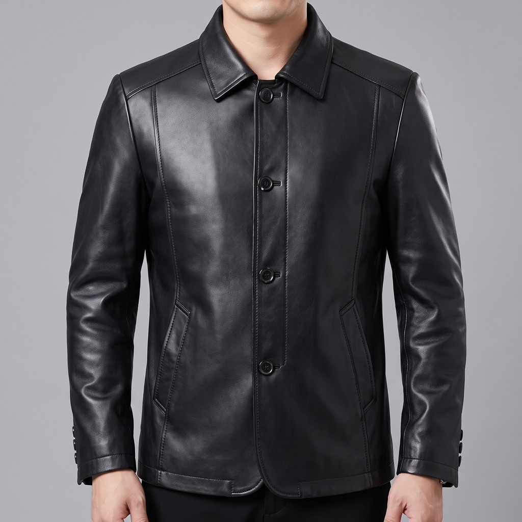 Men's black sheepskin leather button-front jacket, collar and button detail