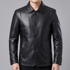 Men's black sheepskin leather button-front jacket, collar and button detail