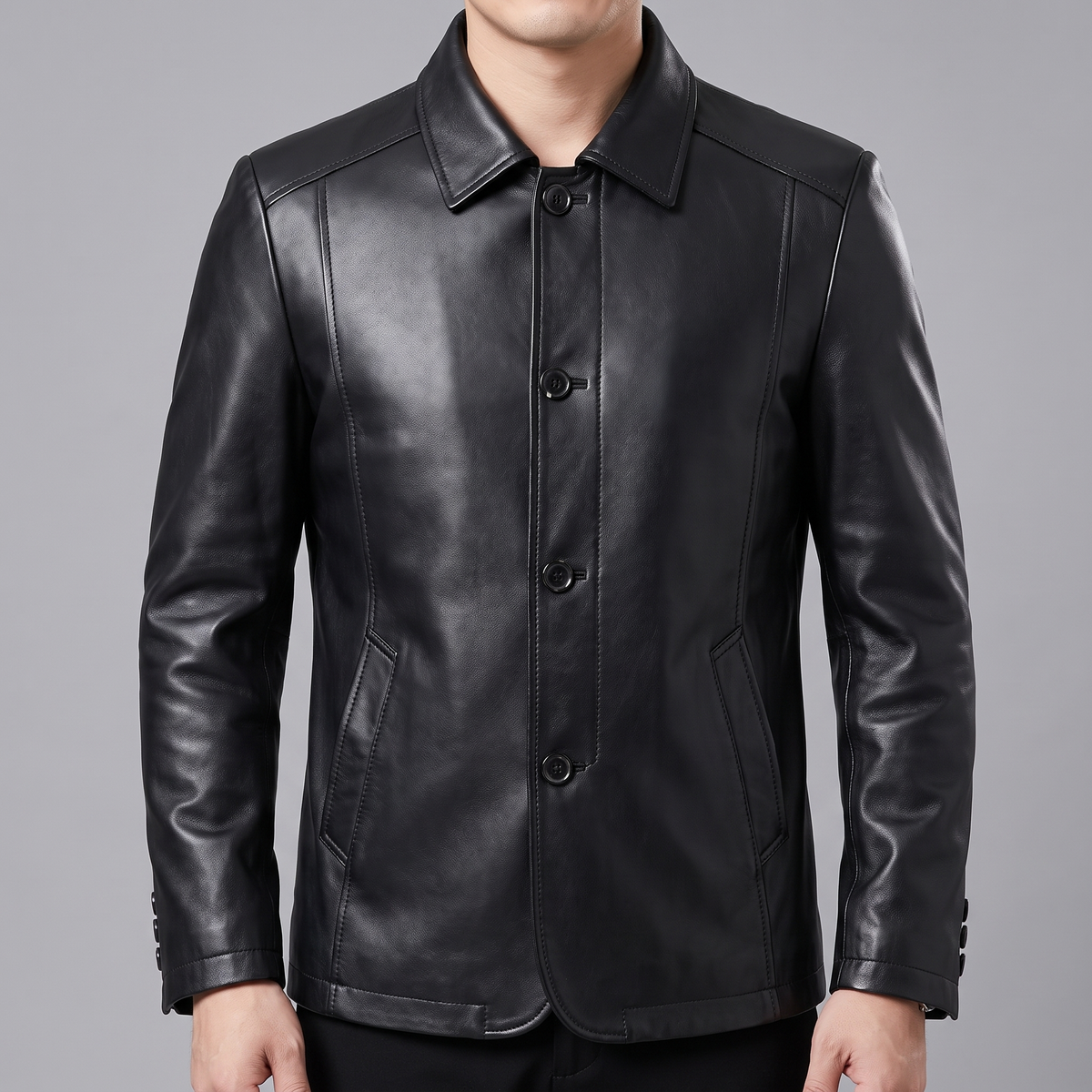 Men's black sheepskin leather button-front jacket, collar and button detail