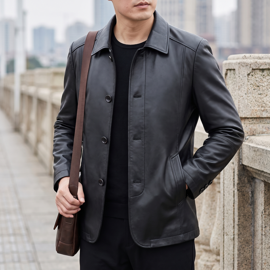 Men's black sheepskin leather button-front jacket, lifestyle view with shoulder bag