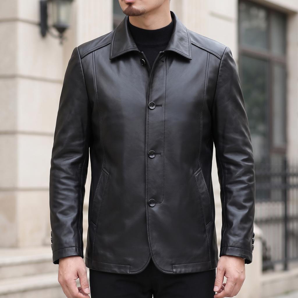 Men's black sheepskin leather button-front jacket, front lifestyle view