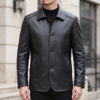 Men's black sheepskin leather button-front jacket, front lifestyle view