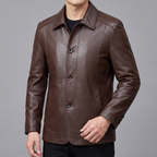 Men's brown sheepskin leather button-front jacket, sleeve and cuff detail