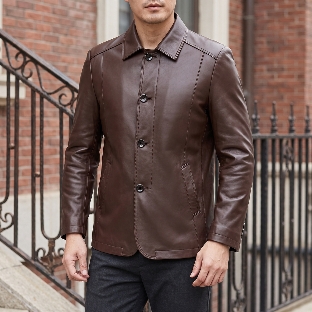 Men's brown sheepskin leather button-front jacket, street lifestyle view
